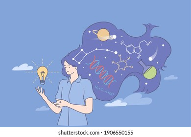 Physician or chemistry worker concept. Young woman scientist standing with light bulb and chemical symbols in hair having occupation as experimental chemistry manager or researcher illustration