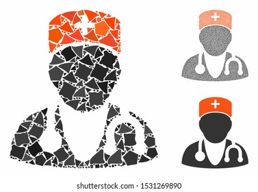 Physician composition of humpy parts in different sizes and shades, based on physician icon. Vector joggly parts are grouped into composition. Physician icons collage with dotted pattern.
