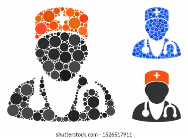 Physician composition for physician icon of round dots in different sizes and color hues. Vector round dots are composed into blue composition. Dotted physician icon in usual and blue versions.