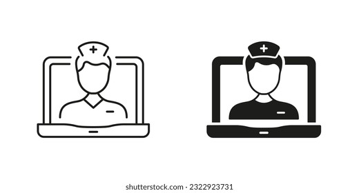 Physician Consultation. Online Medical Service in Laptop Line and Silhouette Black Icon Set. Telemedicine Healthcare Symbol Collection. Remote Virtual Doctor Man. Isolated Vector Illustration.