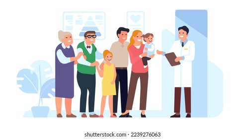 Physician consults family. Medical specialist consultation. Patients group examination. Parents with kids and grandparents at appointment with doctor. Health checkup