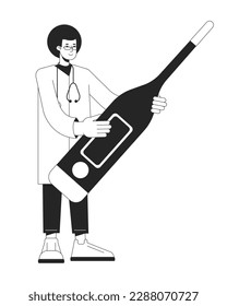 Physician with digital thermometer for fever bw concept vector spot illustration. Doctor 2D flat line monochromatic cartoon character for web UI design. Editable hero image for landing, mobile header