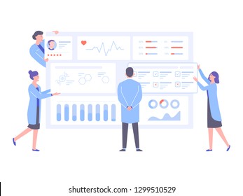 The physician doctor and the nurses analyze the patient's medical data. Big dashboard with information. Diagnosis of diseases, the study of tests and treatment. Pure light vector illustration.