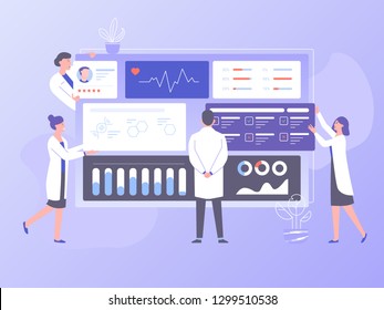 The Physician Doctor And The Nurses Analyze The Patient's Medical Data. Big Dashboard With Information. Diagnosis Of Diseases, The Study Of Tests And Treatment. Bright Vector Illustration.