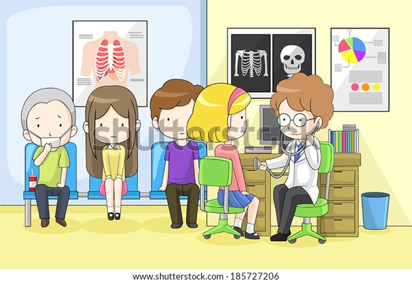 Physician doctor or pediatrician pediatrist is examining group of children from school with cold flu infection disease stethoscope in hospital, create by cartoon vector