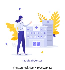 Physician or doctor wearing face mask and hospital building. Concept of medical center, medicine, healthcare institution for rehabilitation and treatment. Modern flat vector illustration for poster.