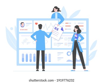 Physician doctors analyze the patient's medical data. Big dashboard with information. Diagnosis of diseases, the study of tests and treatment. Prescription. Vector flat illustration.