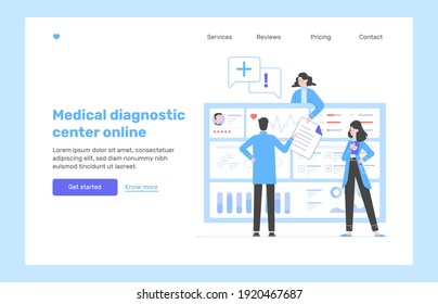 Physician doctors analyze the patient's medical data. Big dashboard with information. Diagnosis of diseases, the study of tests and treatment. Landing page concept. Vector flat illustration.