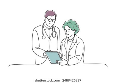 Physician and elderly woman examining digital health records on a tablet doodle continuous line art vector illustration on white background