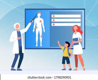 Physician Explaining Human Anatomy To Kid. Nurse, Boy, Body Flat Vector Illustration. Medicine And Education Concept For Banner, Website Design Or Landing Web Page