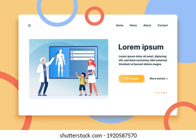 Physician explaining human anatomy to kid. Nurse, boy, body flat vector illustration. Medicine and education concept for banner, website design or landing web page