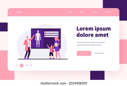 Médico explicando la anatomía humana al niño. Enfermera, niño, ilustración del vector plano corporal. Concepto de medicina y educación para banner, diseño de sitios web o página web de aterrizaje