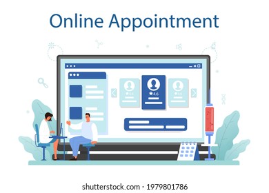 Physician or general healthcare doctor online service or platform. Doctor caring about patient health. Flu treatment. Online appointment. Vector flat illustration