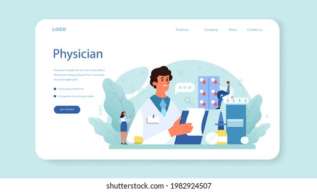 Physician or general healthcare doctor web banner or landing page. Idea of doctor caring about patient health. Flu treatment and recovery. Vector illustration in cartoon style