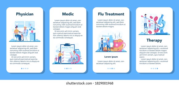 Physician or generel healthcare doctor mobile application banner set. Idea of doctor caring about patient health. Flu treatment and recovery. Vector illustration in cartoon style