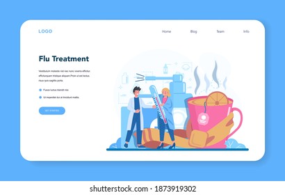 Physician or generel healthcare doctor web banner or landing page. Idea of doctor caring about patient health. Flu treatment and recovery. Seasonal disease. Vector illustration in cartoon style