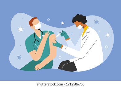 Physician giving a medical worker a covid vaccine shot, medical staff vaccinating eash other, doctor injecting a young man with syringe, vaccination against coronavirus infection, vector illustration