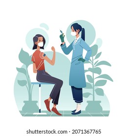 Physician giving a medical worker a covid vaccine shot, medical staff vaccinating eash other, doctor injecting a young man with syringe, vaccination against coronavirus infection, vector illustration