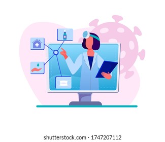 Physician giving recommendation for quarantine. Coronavirus, pandemic, mask flat vector illustration. Medicine and healthcare concept for banner, website design or landing web page