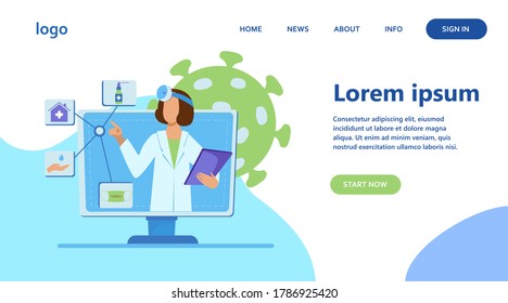 Physician giving recommendation for quarantine. Coronavirus, pandemic, mask flat vector illustration. Medicine and healthcare concept for banner, website design or landing web page