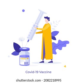Physician holding syringe and drawing up medication from ampule. Concept of vaccine against coronavirus infection, COVID-19 vaccination, protection from viral infection. Flat vector illustration.