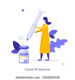 Physician holding syringe and drawing up medication from ampule. Concept of vaccine against coronavirus infection, COVID-19 vaccination, protection from viral infection. Flat vector illustration.