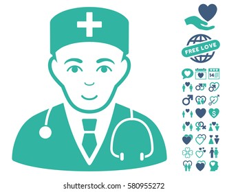 Physician icon with bonus love clip art. Vector illustration style is flat iconic cobalt and cyan symbols on white background.