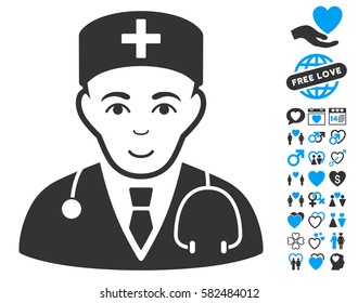 Physician icon with bonus love images. Vector illustration style is flat iconic blue and gray symbols on white background.