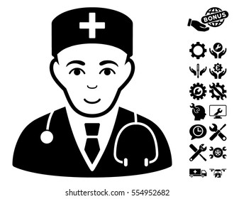 Physician icon with bonus settings pictures. Vector illustration style is flat iconic black symbols on white background.
