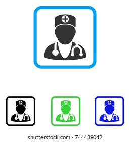Physician icon. Flat gray pictogram symbol inside a blue rounded squared frame. Black, green, blue color additional versions of Physician vector. Designed for web and application user interface.