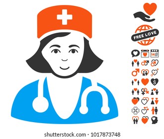 Physician Lady icon with bonus decorative clip art. Vector illustration style is flat iconic symbols.
