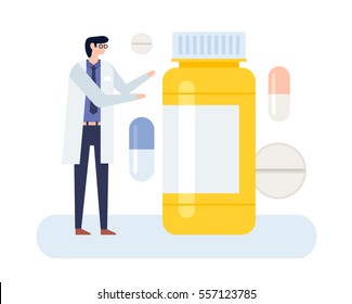 Physician and medicament. Professional Medical Doctor Pharmacist. Vector Illustration.