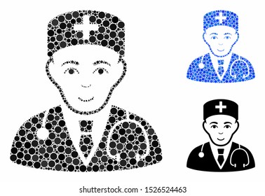 Physician mosaic for physician icon of filled circles in variable sizes and color tones. Vector small circles are grouped into blue mosaic. Dotted physician icon in usual and blue versions.