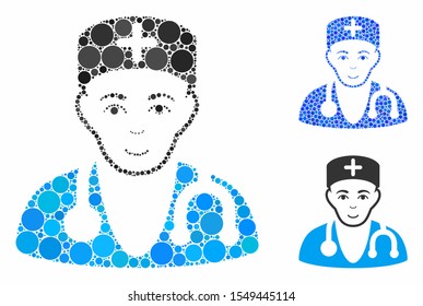 Physician mosaic of small circles in various sizes and color tints, based on physician icon. Vector small circles are composed into blue mosaic. Dotted physician icon in usual and blue versions.