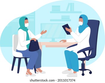 Physician Office Visit 2D Vector Isolated Illustration. Routine Medical Appointment Flat Characters On Cartoon Background. Gaining Professional Health Advice And Treatment Plan Colourful Scene