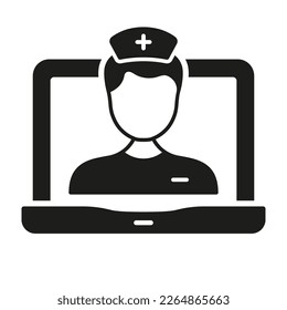 Physician Online Consultation in Laptop Silhouette Icon. Virtual Medical Service. Telemedicine Healthcare Glyph Symbol. Remote Doctor Help Pictogram. Isolated Vector Illustration.