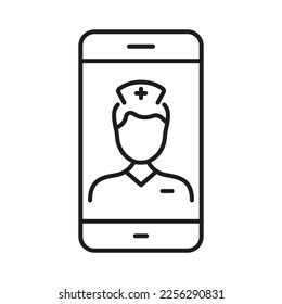 Physician Online Consultation. Remote Virtual Doctor Man Pictogram. Medicals Service in Smartphone Line Icon. Healthcare in Mobile Phone Outline Symbol. Editable Stroke. Isolated Vector Illustration.