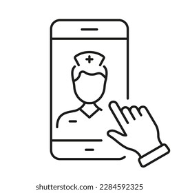 Physician Online Consultation. Remote Virtual Doctor Man Pictogram. Medicals Service in Smartphone Line Icon. Healthcare in Mobile Phone Outline Symbol. Editable Stroke. Isolated Vector Illustration.