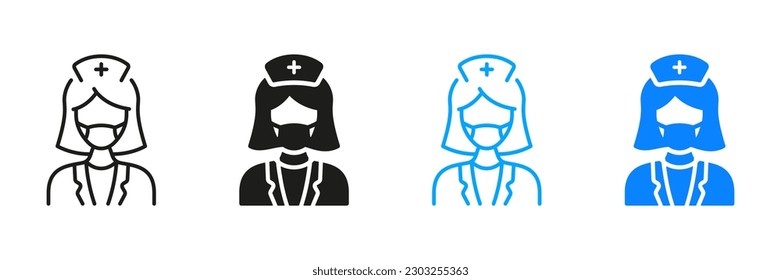 Physician, Orthodontist, Endodontist Pictogram Collection. Dental Doctor Woman in Face Mask Silhouette and Line Icon Set. Female Dentist, Surgeon Black and Color Sign. Isolated Vector Illustration.