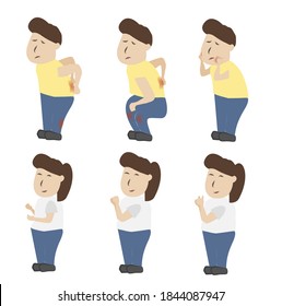 Physician and patient acting on their feeling, patient is acting like back pain, knee pain, teeth ache. Physician is acting like caping hands, pointing, thumbs up