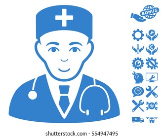Physician pictograph with bonus settings design elements. Vector illustration style is flat iconic cobalt symbols on white background.