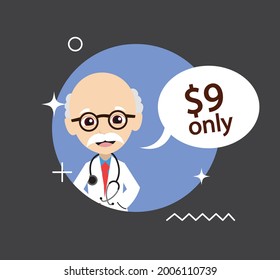 Physician with Price Flat Vector Cartoon Illustration