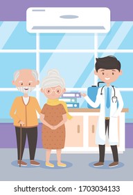 physician professional and grandpa grandma clinic, doctors and elderly people vector illustration