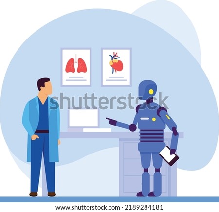 physician and robot together Concept, cobot revolutionizing healthcare vector icon design, Robotic medicine symbol, Healthcare Scene Sign,Innovation Artificial Intelligence Work in Modern Clinic stock