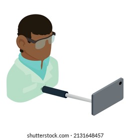 Physician selfie icon isometric vector. Young man taking selfie on smartphone. Lifestyle, photo, online, modern technology