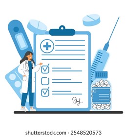 Physician showcasing a prescription clipboard, with tablets and medicine bottles in the background. Online healthcare concept
