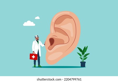 The physician, specialist holds a big sign - human ear. Ear doctor.  Flat vector illustration.