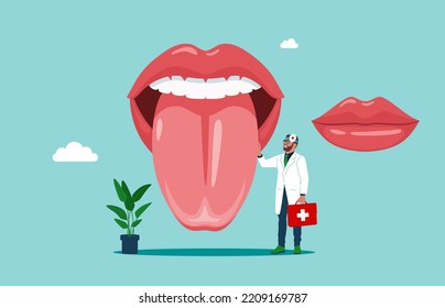 The physician, specialist holds a big sign - human tongue. Flat vector illustration.