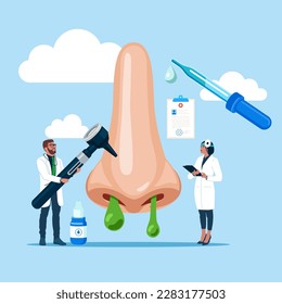 The physician, specialist holds a big sign - Human nose with symptoms of illness. Modern vector illustration in flat style