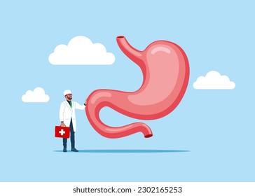 The physician, specialist holds a big sign - Stomach icon. Human internal organs symbol. Digestive system anatomy. Health care sign. Design element for gastroenterology, medicine, biology.